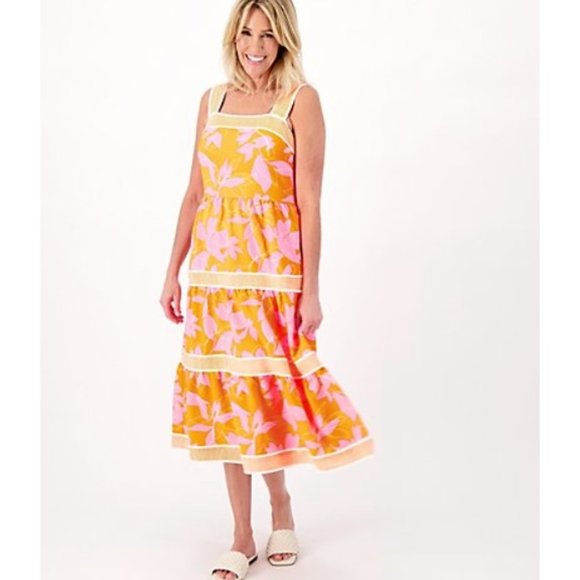 Isaac Mizrahi Live Regular Printed Tiered Midi Dress Sz 4 Orange Pink A598246 - Picture 1 of 7